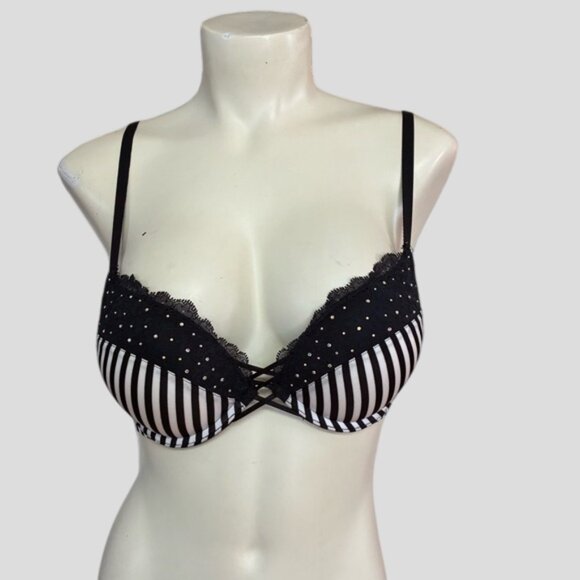 💕2/$35 💕La Senza Hello Sugar 2 Up Cup Plunge Black & White Lace Bra 32C - Picture 1 of 7